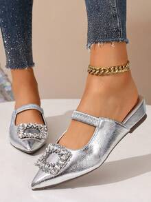 Mulas com Solado Grosso de Strass Prateado, Chinelos de Bico Fino com Sola Grossa na Moda, Mocassins Casuais com Salto Tipo Cunha e Sem Parte Traseira, Adequados para Vestidos, Primavera e Outono