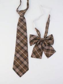 1 pièce Ensemble cravate et broche à carreaux fait main pour femme, style universitaire, polyvalent, convient aux uniformes, aux robes, à la décoration de Noël - Costume cravate à carreaux - Voir 7