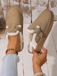 Plus Size Furry Slippers For Women, Thick Sole Snow Slip-On Closed Toe Fluffy Slides For Autumn/Winter - Khaki - View 4