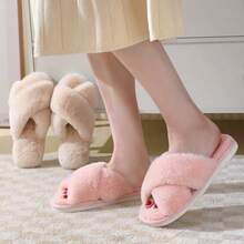 Autumn And Winter New Imitation Rabbit Fur Ladies Cross Strap Home Cotton Slippers Thick Sole Warm Indoor Slippers - Pink - View 5