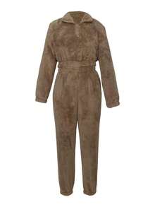 2025 New Women's Solid Color Fleece Two-Piece Set, Zipper Long-Sleeved Top And Slim-Fit Pants, Machine Washable, Winter Clothes For Women - 棕色 - 查看 3