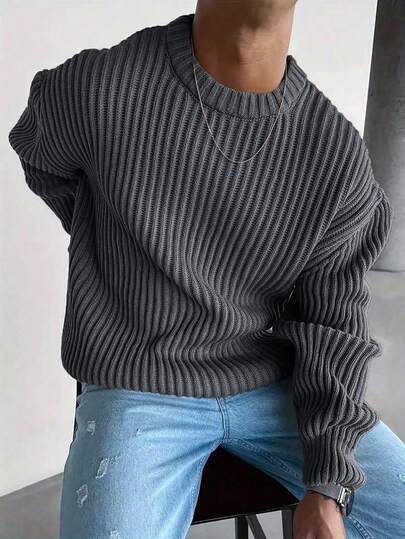 男士复古硬币图案针织毛衣，宽松圆领纹理套头衫，秋冬款