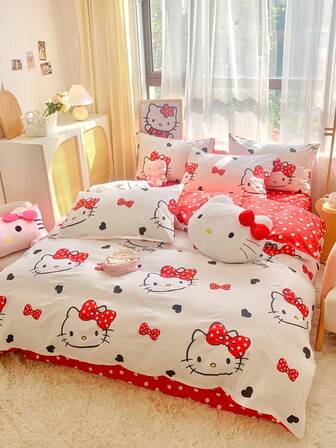 Sanrio 可爱印花 2/3 件床上用品套装 - Hello Kitty/Kuromi/Cinnamoroll/Pochacco（1 件羽绒被套 + 1/2 件枕套，无填充物）卡通全尺寸，柔软舒适，适合宿舍、家庭卧室、酒店、所有季节，带拉链开合和枕套，多色，超大床上用品套装，超大羽绒被套