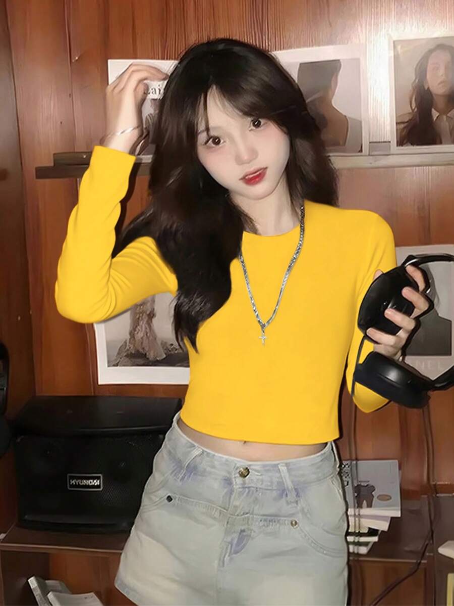 Basic Solid Color Long Sleeve T-Shirt For Women, Sexy Minimalist Casual Layering Top For Early Autumn