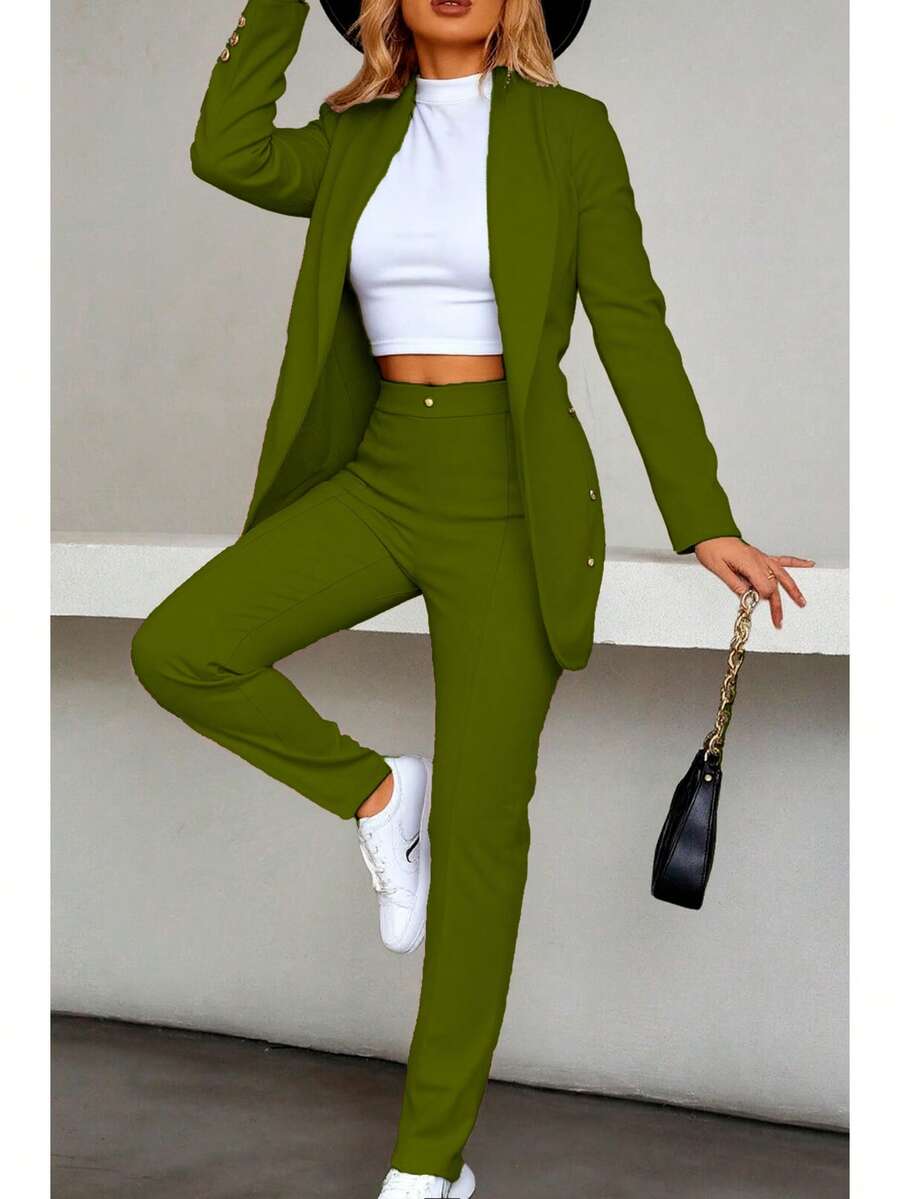 Elegante conjunto de traje azul de manga larga para mujer con cuello chal pantalones largos y detalles de botones - Verde militar - Ver 1