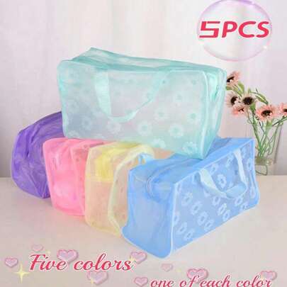 Juego de 1/5/10 bolsas de maquillaje y artículos de tocador de estilo floral semi-transparentes - rosa, amarillo, verde, azul, morado para bolsa de viaje, bolsa de maquillaje, bolsa de cosméticos, organizador de vacaciones, organizador de maquillaje de gran capacidad, estuche de maquillaje, para lápiz labial, pincel, cuidado de la piel