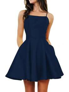 Spaghetti Strap Homecoming Dresses For Teens 2025 Satin Short Junior Prom Dresses With Pockets - Vàng - Xem 7