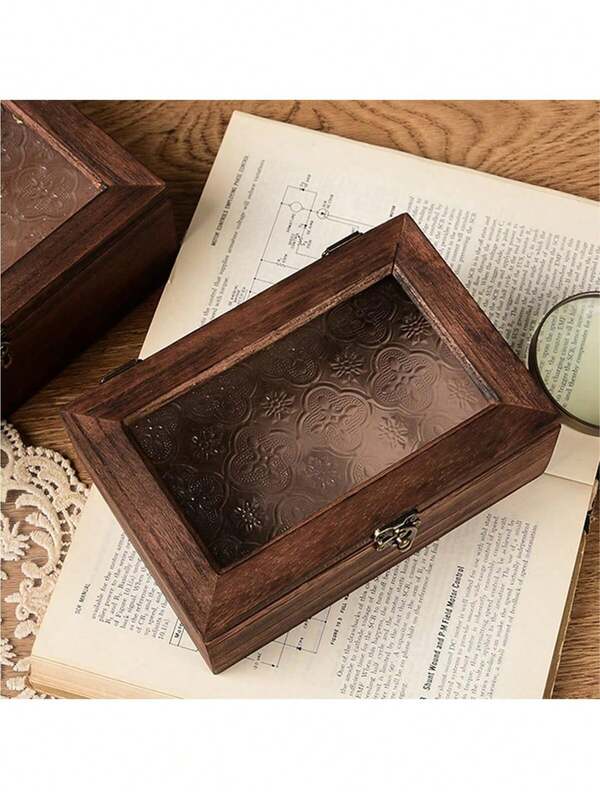 1 pieza Gabinete de madera vintage con panel de puerta de vidrio y cajón - Gabinete de vidrio vintage con flores, gabinete de almacenamiento de estilo nórdico para encimera, gabinete de almacenamiento multiusos para maquillaje y artículos varios