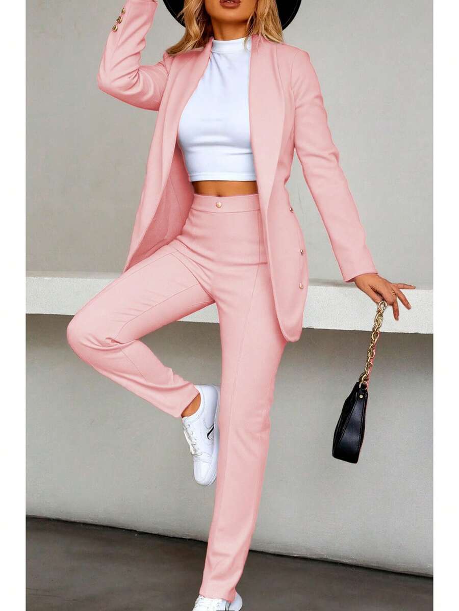 Elegante conjunto de traje azul de manga larga para mujer con cuello chal pantalones largos y detalles de botones - Rosa Pálido - Ver 1