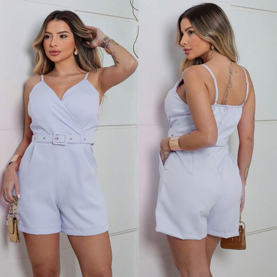 Macaquinho Curto Feminino Alfaiataria Premium Social Casual Com Cinto - Branco - Visão 1