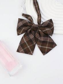 1 pièce Ensemble cravate et broche à carreaux fait main pour femme, style universitaire, polyvalent, convient aux uniformes, aux robes, à la décoration de Noël - Costume cravate à carreaux - Voir 5