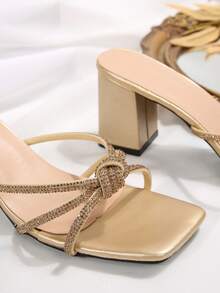 水钻厚高跟拖鞋，法式水钻闪亮凉鞋，新款女鞋，派对鞋，夏季户外装，搭配连衣裙，百搭优雅 - 金色 - 查看 5