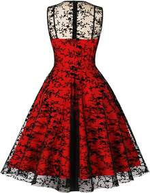 Women Mesh Floral Embroidery Vintage Cocktail Swing Dress Illusion 50s Goth Flared A Line Casual Wedding Prom Evening Dress - 寶藍色 - 查看 4