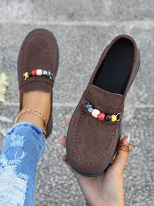 Mocassins Planos Vintage Feitos à Mão com Contas, Estilo Preppy de Cor Sólida em Camurça