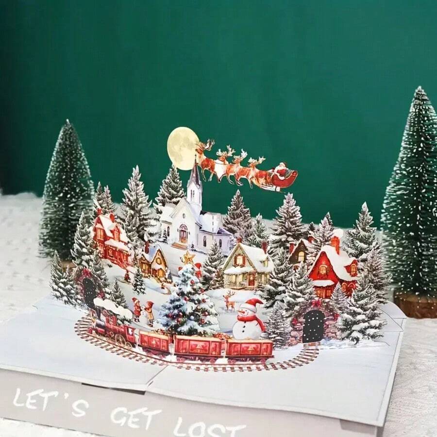 3D 立体圣诞贺卡 - 圣诞老人、驯鹿、雪村和月光夜空的圣诞夜场景 - 送给朋友和家人的节日贺卡，节日贺卡 | 节日设计 | 详细插图，圣诞贺卡 - A - 查看 1