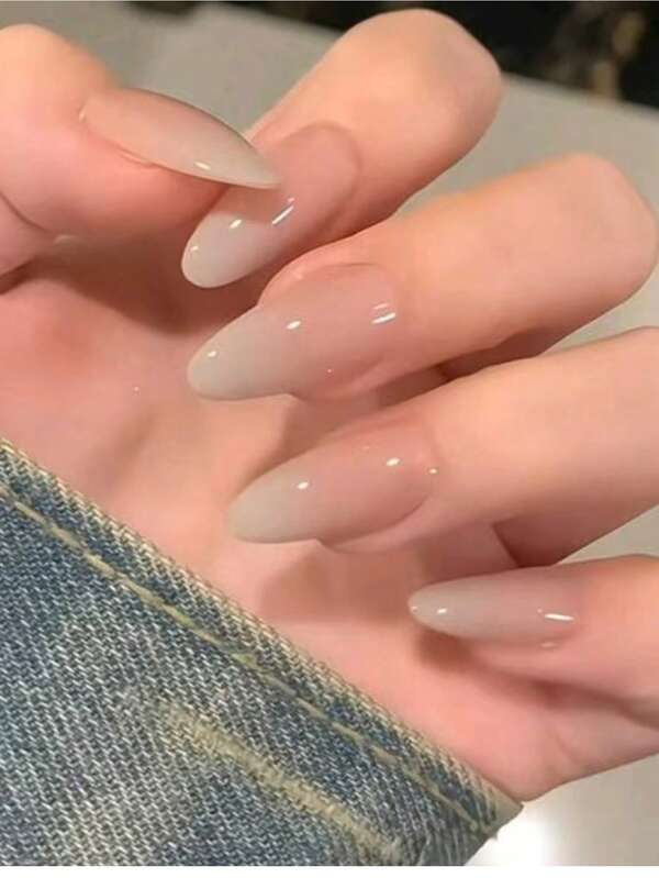 24 Pieces Of Almond Shaped Pressed Fake Nail Patches, Simple Gradient Sweet And Cool Japanese And Korean Style Women's Nail Patches, New And Fashionable Fingertips, Matched With 1 Piece Of Jelly Glue And 1 Piece Of Rubbing Strip, Suitable For Women's Parties, Dances, Daily Casual Wear, Detachable And Reusable