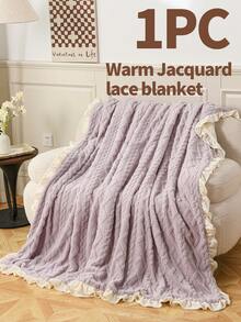 1 pieza Manta de cachemira falsa con ribete de encaje de alto gramaje a doble cara - Minimalista y de moda, ultra suave y resistente a las pelusas, tecnología cálida y amigable con la piel, versátil para dormitorio, sofá, oficina y exterior, regalo ideal para otoño/invierno