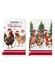 2 Pcs Christmas Rooster Pattern Kitchen Towels Watercolor Style Dish Towels Can Be Used In Kitchen Drying Hand Towels Tea Towels Suitable For Christmas Farmhouse Kitchen Home Indoor Dish Drying - Red and White - View 9