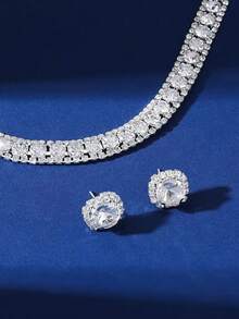 مجموعة قلادة وأقراط مرصعة بالراين كاملة، قلادة وأقراط من الأنيقة على الطراز الأوروبي والأمريكي، مناسبة للزفاف والعروس وحفلات المساء، قطعتان