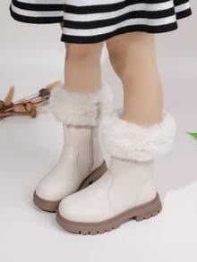 1 Pair Girls Autumn/Winter Warm Thermal Lined Waterproof PU Imitation Leather Comfortable Versatile Soft Bottom Lightweight Indoor/Outdoor Casual Boots, Children - White - View 6