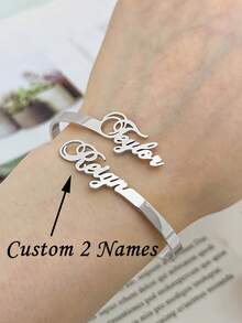 1 pieza Pulsera personalizada con 2 nombres, brazalete para mujeres y hombres, brazalete abierto en forma de corazón C, brazalete de acero inoxidable con nombre personalizado, brazalete ajustable de 3 mm chapado en oro de 18k