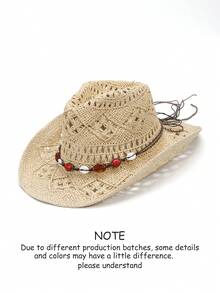1 chiếc Mũ cao bồi miền Tây đính đá quý Unisex, Mũ rơm in họa tiết rỗng, Mũ đi biển chống nắng du lịch mùa xuân/hè, Mũ chống nắng thông thường (Sau khi nhận sản phẩm, nếu vành mũ bị biến dạng, cần phải điều chỉnh lại bằng tay) - Hạt màu đỏ - Xem 23