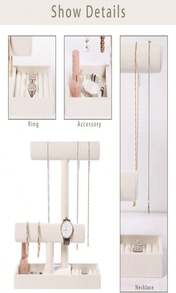 ByKen Multi-Functional 2 Tier Jewelry Holder,Necklace Bracelet Holder With Earrings Rings Tray,Jewelry Organizer Stand For Scrunchie Watches(Beige Velvet) - MàuA - Xem 3