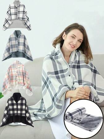 1pc Fleece Wearable Blanket, 80x135cm Plaid Lap Blanket, Comfortable Hooded Poncho With Buttons, Suitable For Bed, Sofa, Office, Gray & White Cozy Cloak With Buttons, Fuzzy Sleeveless Blanket, Women Shawl Wrap Suitable For Home, Office, Outdoor, Machine Washable