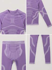 NcmRyu 1 Conjunto de Top de manga larga y pantalones largos térmicos elásticos acanalados para mujer, traje deportivo y de esquí - Morado - Ver 3