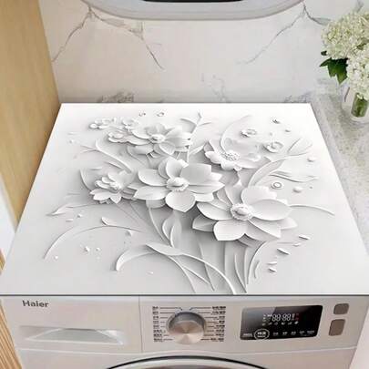 1pc Modern Floral Design Washing Machine Mat - Non-Slip Silica Gel Laundry Dryer Mat, Scratch-Resistant Decoration For Laundry Room, Bathroom, Kitchen, Office - Easy Clean Flat Printing (White Flower), Appliance Surface Cover