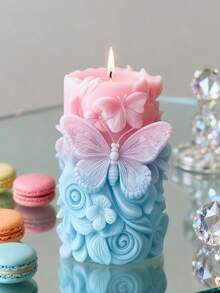 1个3D蝴蝶/花朵/叶子/蕾丝浮雕圆柱形硅胶模具 - 适用于DIY蜡烛/树脂/混凝土/水泥/石膏工艺品，可重复使用的硅胶材质，是手工装饰品和家居装饰的理想之选