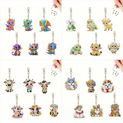 6 piezas Llaveros de arte de diamantes DIY, 4 patrones de animales de dibujos animados diferentes para elegir, piedras de colores brillantes asimétricos por ambos lados, efecto exquisito, colgante de mochila, decoración colgante de coche, juego de manualidades de mosaico, decoración de regalo de Navidad y cumpleaños
