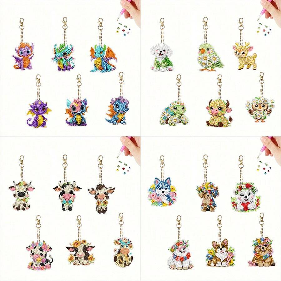 6 piezas Llaveros de arte de diamantes DIY, 4 patrones de animales de dibujos animados diferentes para elegir, piedras de colores brillantes asimétricos por ambos lados, efecto exquisito, colgante de mochila, decoración colgante de coche, juego de manualidades de mosaico, decoración de regalo de Navidad y cumpleaños
