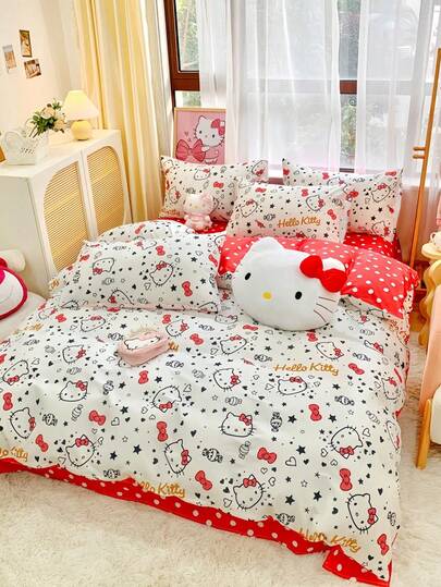 SANRIO 可爱印花2/3件套床上用品套装 - Hello Kitty/Kuromi/Cinnamoroll/Pochacco（1件被套+1/2件枕套，不含填充物）卡通全尺寸，柔软舒适，适合宿舍、家庭卧室、酒店，四季皆宜，带拉链封口和枕套，多色可选，超大尺寸床上用品套装，超大尺寸被套
