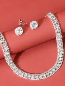 مجموعة قلادة وأقراط مرصعة بالراين كاملة، قلادة وأقراط من الأنيقة على الطراز الأوروبي والأمريكي، مناسبة للزفاف والعروس وحفلات المساء، قطعتان