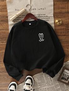 女式长袖 T 恤，带有可爱的兔耳印花，百搭休闲圆领上衣，适合秋冬分层穿着 - 黑色 - 查看 4