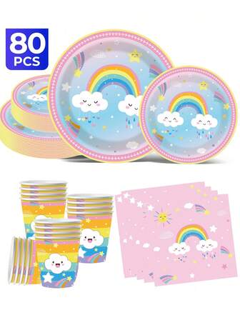 Rainbow Rain Theme 20/40/60/80/100 Disposable Tableware Set, Including 7-Inch Paper Tray, 9-Inch Cardboard, 9-Ounce Cup, Napkins, Suitable For Daily Gatherings, Birthday Parties, Bridal Showers, Baby Showers, Clubs, Weddings, Tea Parties, Picnics, Outdoor Outings, And Themed Parties. Kitchen And Restaurant Decoration, Party Supplies, Party Decorations,