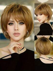 8 英寸短款时尚直发 BOB 假发 合成棕色染色深色发根假发 女士万圣节假发 - 彩色 - 查看 1