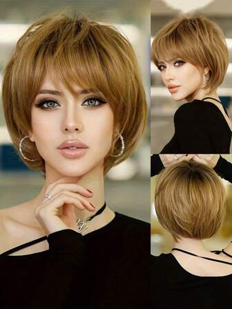 Peruka BOB krótka, 8 cali, modna, prosta, syntetyczna, farbowana na brązowo, z ciemnymi odrostami, dla kobiet, na Halloween