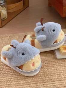 Women's Casual Indoor Slippers, Grey & Yellow Shark & Bee Design, Non-Slip, Warm, Thick Soft Bottom, Suitable For Spring, Autumn & Winter - Grey - View 5