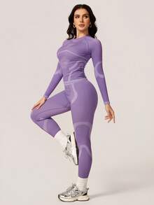 NcmRyu 1 Conjunto de Top de manga larga y pantalones largos térmicos elásticos acanalados para mujer, traje deportivo y de esquí - Morado - Ver 6