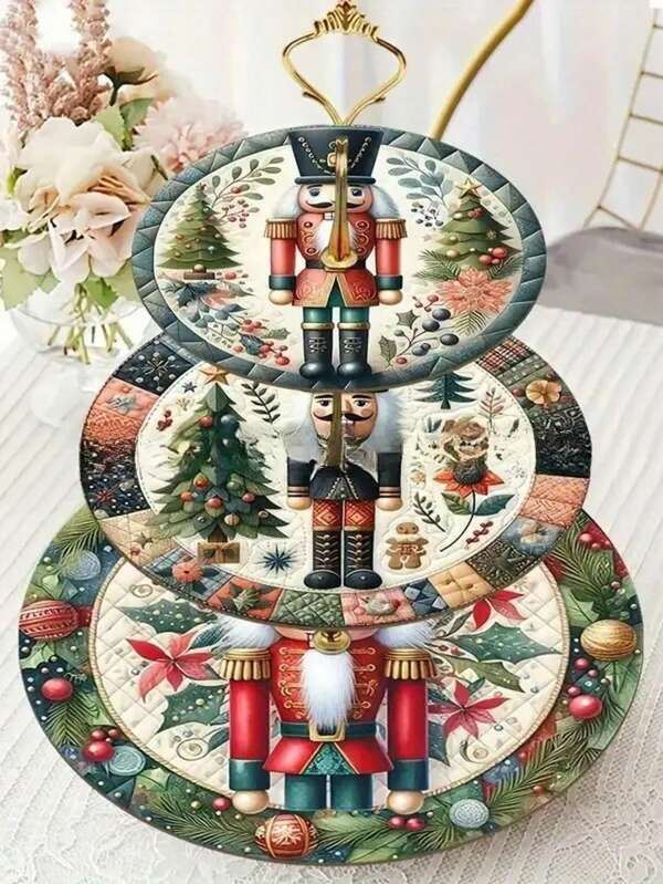 Suitable For All Seasons, 2D Flat, 1 Christmas Nutcracker Tray - 3-Tier Stackable Decorative Plate Stand With Nutcracker Soldier Design In Green/Red/Blue/Pink/Beige Floral Pattern - Elegant Holiday Tabletop Decoration For Living Room, Dining Room, Party - Non-Electric Ornament - Perfect Christmas Gift Idea, Exquisite Craftsmanship, 2D Flat