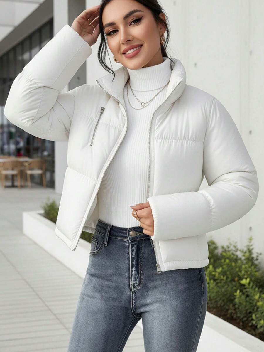 Women's Short Stand Collar Padded Coat, Minimalist Design, Fluffy Texture, Neat Tailoring, Puffy Padded Coat - White - View 1