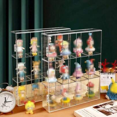 1个透明储物展示盒，12个透明储物架，手工装饰人物展示盒，模型娃娃收纳盒，家庭客厅办公室装饰，情人节新年复活节派对装饰