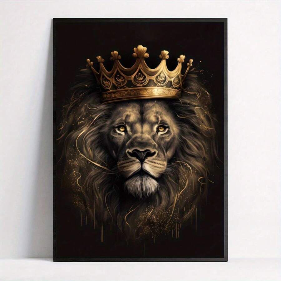 Lion King With Crown Canvas Poster, Animal Print Wall Art Decor For Living Room, Bedroom, Home Office - Frameless Modern Art Deco Style, Indoor Use, Ink Medium, Portrait Orientation - Multicolor - View 1