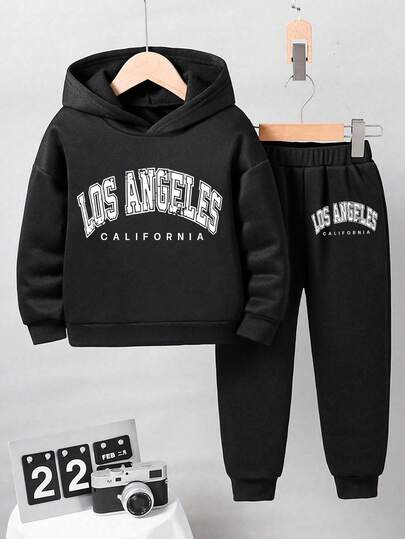 Youth Boy Letter Graphic Print Warm Hoodie And Sweatpants Set