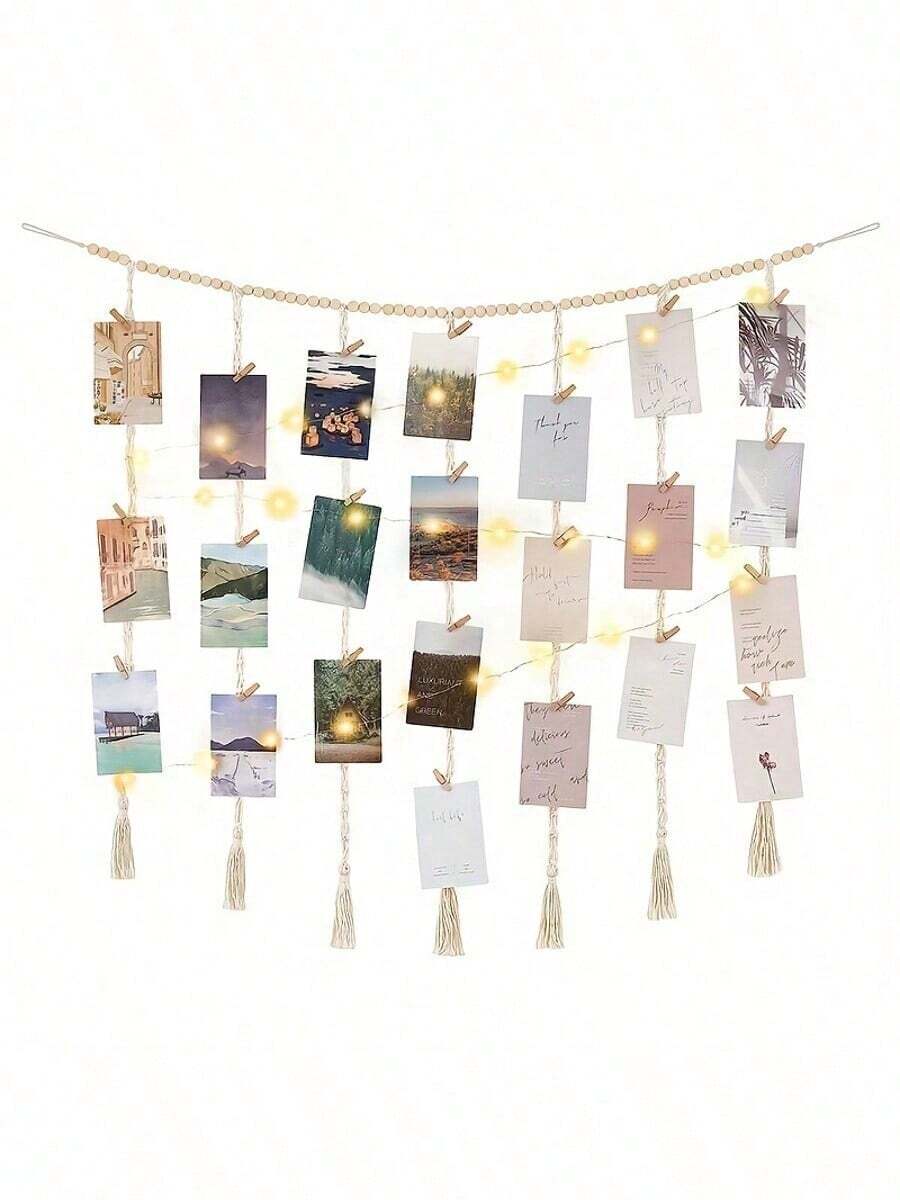 Hanging Photo Display Wall Decor With String Lights Boho Wooden Beads Garland Collage Picture Frame Holder With 45 Clips For Bedroom, Living Room, Nursery Dorm, Teen Teen Girl Gifts
