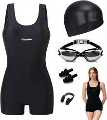 Traje De Baño Deportivo Mujer Natación + Gorra Y Goggles - Negro-XXL - Ver 6