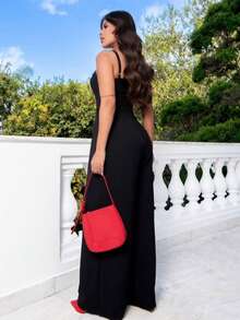 Women's Long Palazzo Jumpsuit VARIOUS COLORS Simple Backless / Backless Ruched Butterfly Knot Wedding Birthday Party - màu đen - Xem 2