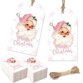 20pcs/30pcs/50pcs, Merry Christmas Paper Gift Label Pink Santa Snowflakes Snowflakes Hanging Label Christmas Winter Holiday Gift With Hemp Rope DIY